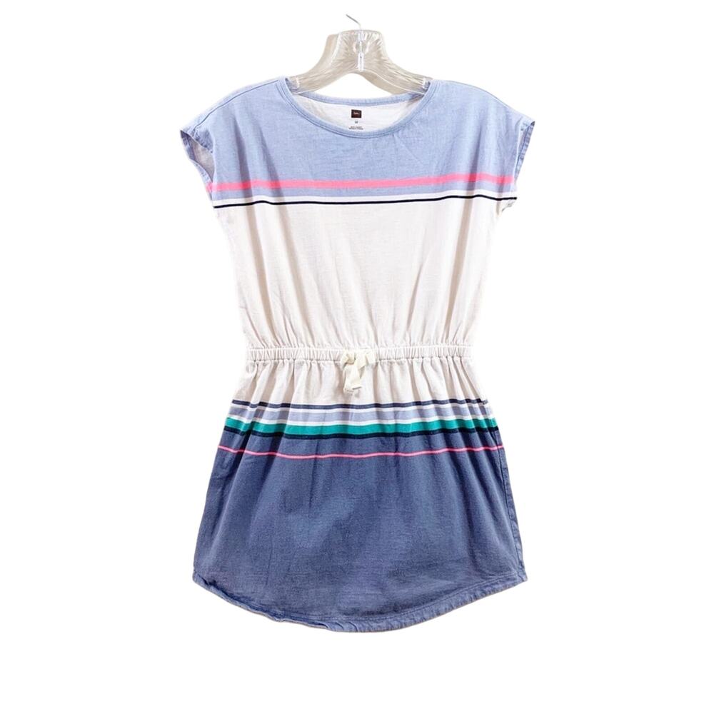 Tea Color Block Striped Blue/White/Pink Drawstring Short Sleeve Dress
